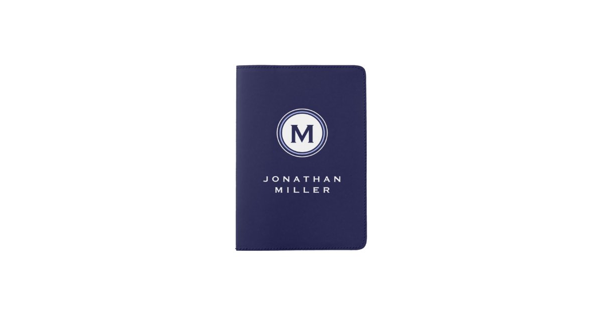 Simple Navy Blue & White Monogram Medallion Passport Holder | Zazzle