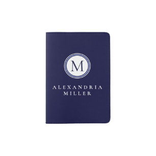 Simple Navy Blue & White Monogram Medallion Passport Holder
