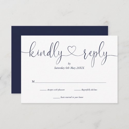Simple Navy Blue White Script Heart Kindly Reply RSVP Card