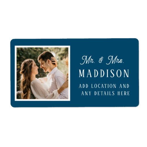 Simple Navy Blue White Wedding Photo Label