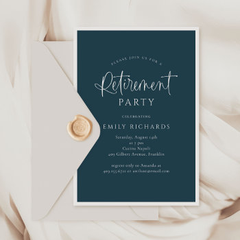 Simple Navy Calligraphy Script Retirement Party Invitation by JAmberDesign at Zazzle
