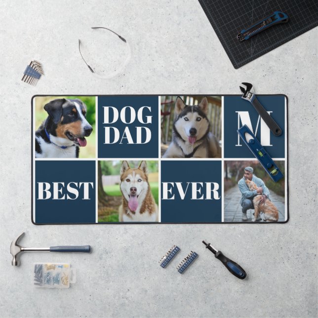 Simple Navy Dog Dad Four Photo Collage Desk Mat (Workstation)