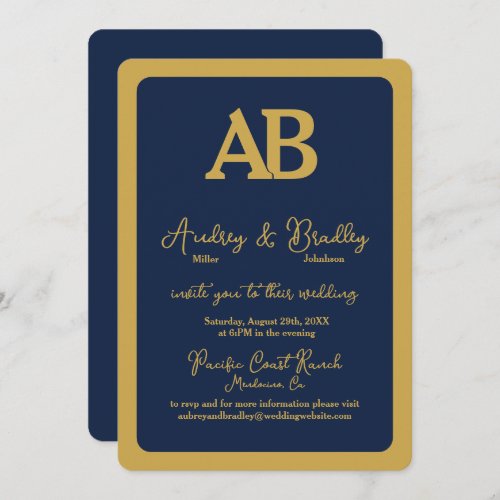 Simple Navy Gold 2 Letter Monogram Wedding Invitation