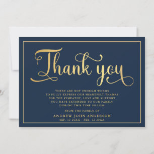 Simple Navy & Gold Calligraphy Funeral Thank You Card