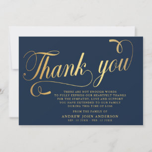 Simple Navy & Gold Calligraphy Funeral Thank You Card