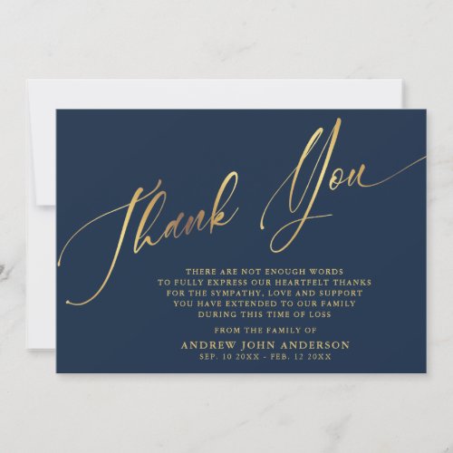 Simple Navy  Gold Calligraphy Funeral Thank You Card