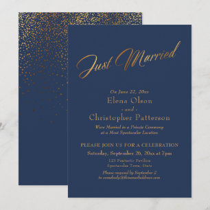 Simple Navy & Gold Just Married Script Confetti Invitation