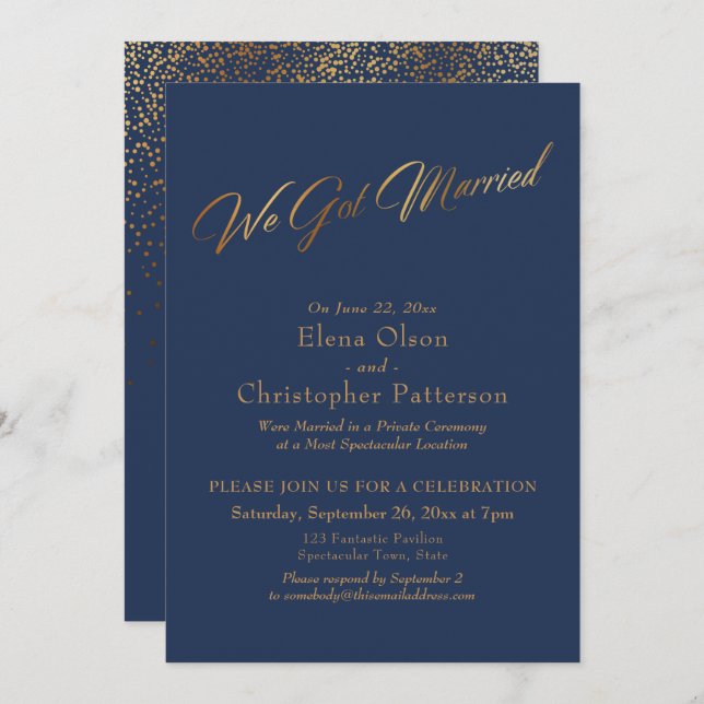 Simple Navy & Gold We Got Married Script Confetti Invitation (Front/Back)