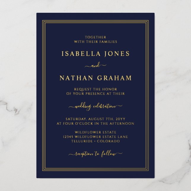Simple Navy Gold Wedding Foil Invitation (Front)