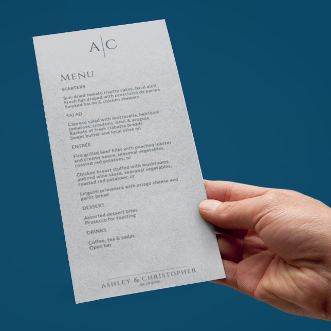 Simple Navy & Gray Monogram Wedding Reception Menu (Creator Uploaded)