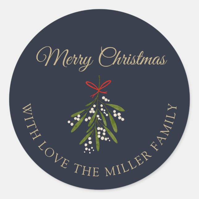 Simple navy mistletoe Christmas  Classic Round Sticker (Front)