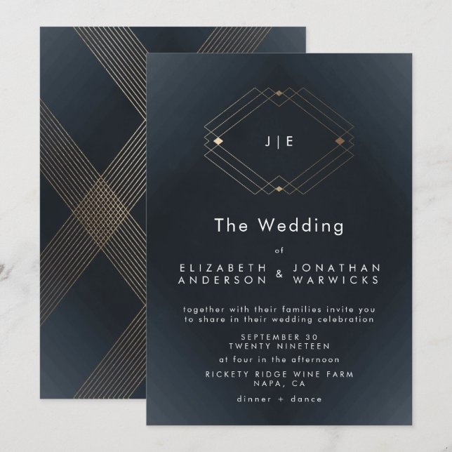 Simple Navy Modern Geometric Gold Wedding Invitation (Front/Back)