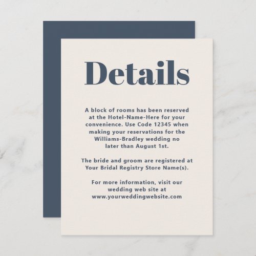 Simple Navy Modern Minimalist Wedding Details Enclosure Card