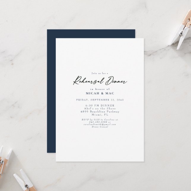 Simple Navy Rehearsal  Invitation (Front/Back In Situ)