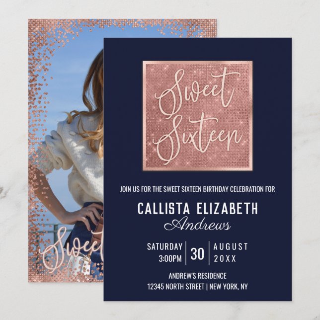 Simple Navy Rose Gold Glitter Geo Photo Sweet 16 Invitation (Front/Back)