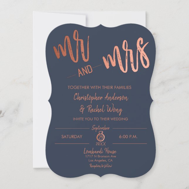 Simple Navy Rose Gold Script Mr and Mrs Wedding Invitation (Front)