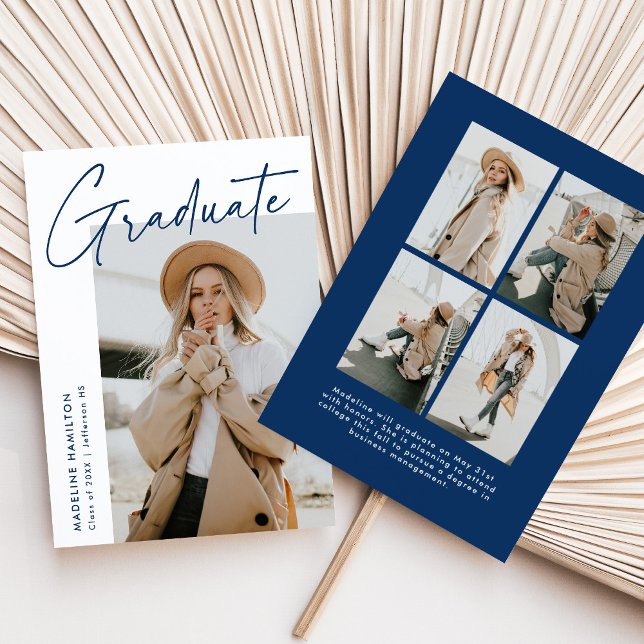 Simple Navy Script 5 Photo Collage Graduation Announcement (Creator Uploaded)