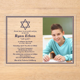 Simple Navy Star of David Photo Bar Mitzvah Acrylic Invitations