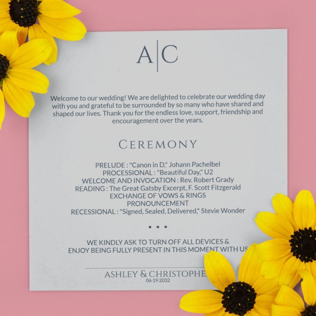 Simple Navy & Steel Gray Monogram Wedding Ceremony Program (Creator Uploaded)
