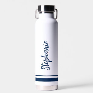 Simple Navy Stripes White Wedding Water Bottle