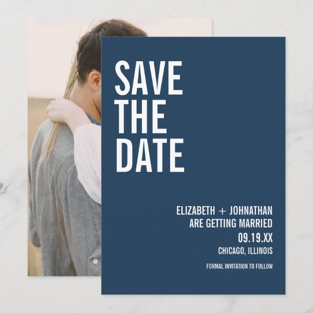 Simple Navy Typography Wedding Photo Save The Date (Front/Back)
