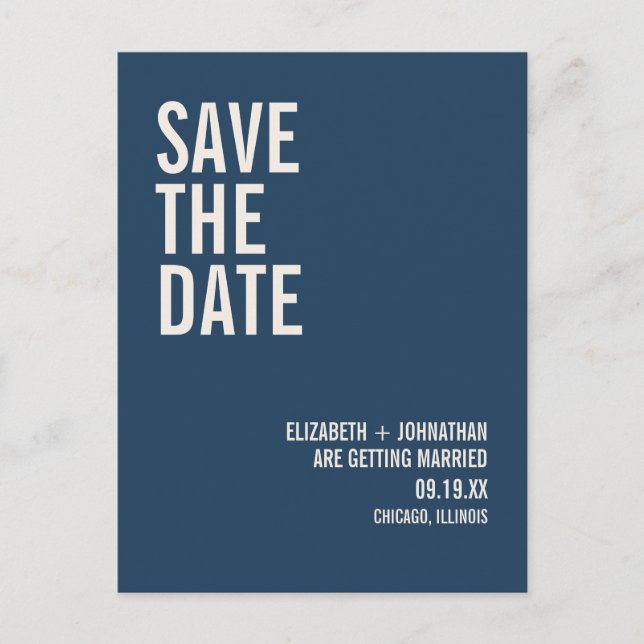 Simple Navy Typography Wedding Save The Date Postcard (Front)