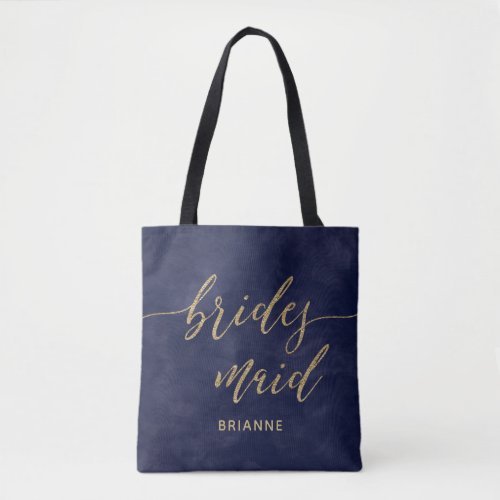 Simple Navy Watercolor  Gold Bridesmaid Monogram Tote Bag