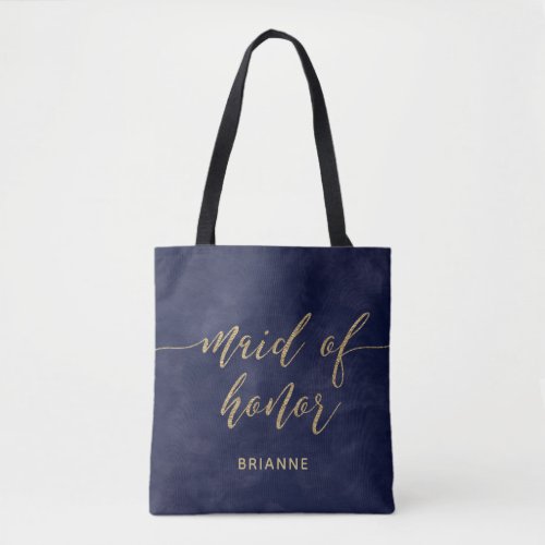 Simple Navy Watercolor  Gold Foil Maid of Honor Tote Bag