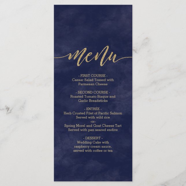 Simple Navy Watercolor & Gold Foil Wedding Menu (Front)