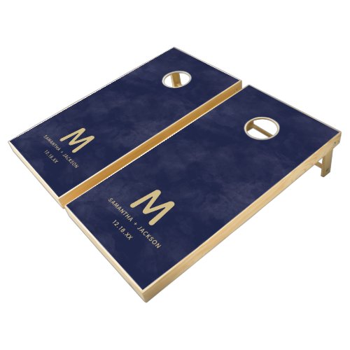 Simple Navy Watercolor  Gold Wedding Monogram Cornhole Set