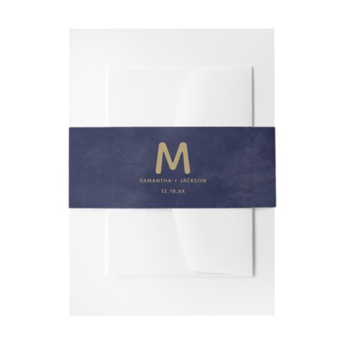 Simple Navy Watercolor  Gold Wedding Monogram Invitation Belly Band