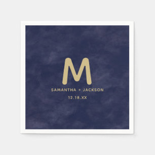 Simple Navy Watercolor & Gold Wedding Monogram Napkins