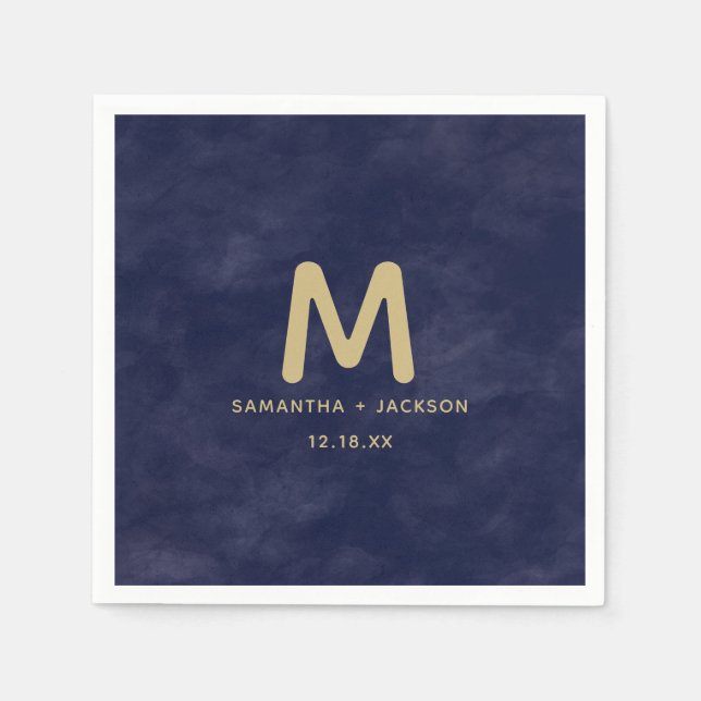 Simple Navy Watercolor & Gold Wedding Monogram Napkins (Front)