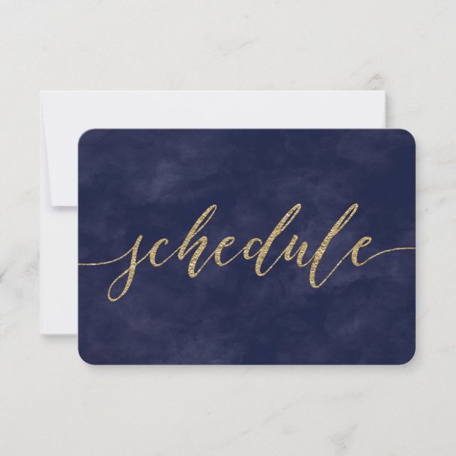 Simple Navy Watercolor & Gold Wedding Schedule Invitation (Front)