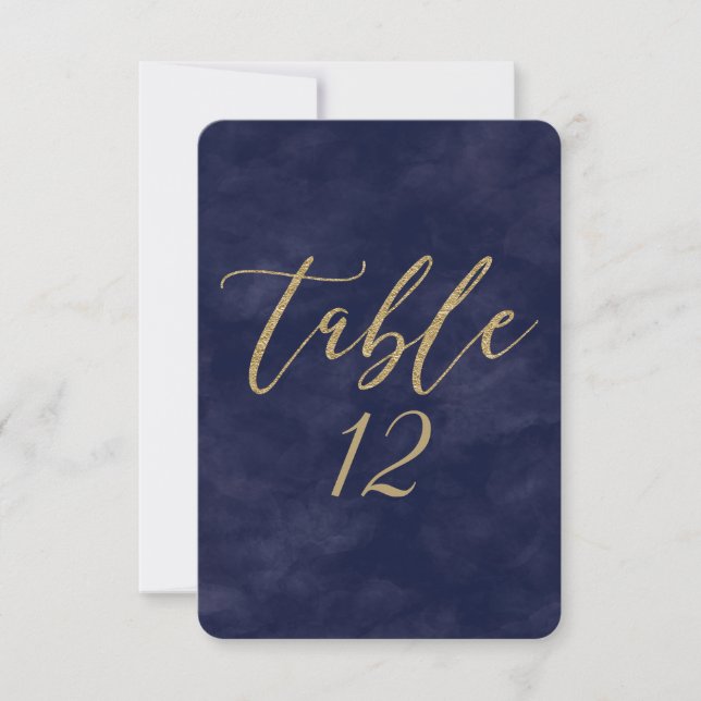 Simple Navy Watercolor & Gold Wedding Table Number (Front)