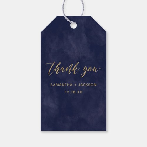 Simple Navy Watercolor  Gold Wedding Thank You Gift Tags