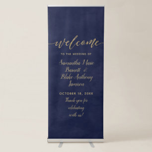 Simple Navy Watercolor & Gold Wedding Welcome Retractable Banner