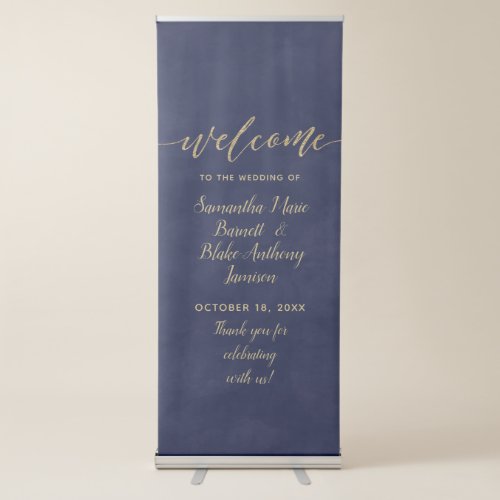 Simple Navy Watercolor  Gold Wedding Welcome Retractable Banner
