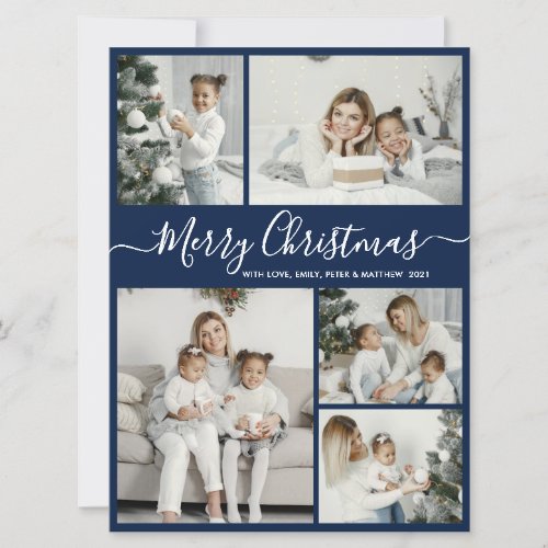 Simple Navy White 5 Photo Collage Christmas Holiday Card