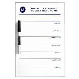 Simple Navy &amp; White Monogram Family Meal Planner Dry Erase Board