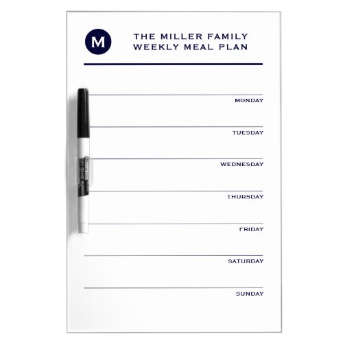 Simple Navy  White Monogram Family Meal Planner Dry Erase Board