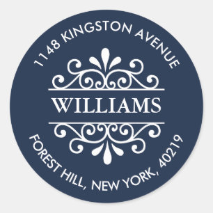 Simple Navy & White Ornate Custom Return Address Classic Round Sticker