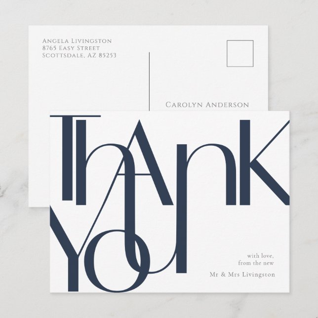 Simple Navy White Pre-Addressed Thank You Postcard (Front/Back)