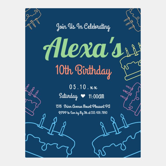 Simple Neon 10th Birthday Invitation (Front)