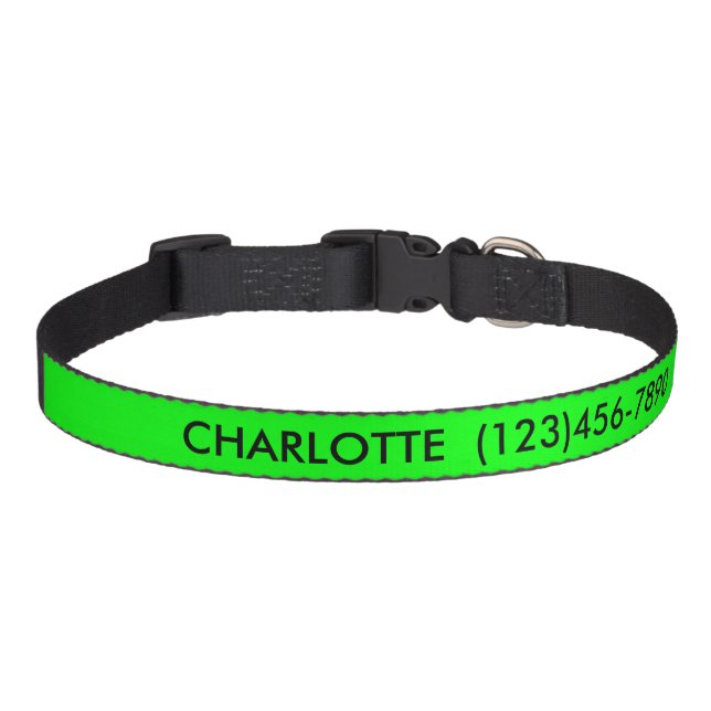Simple neon green custom name contact Info modern Pet Collar (Front)