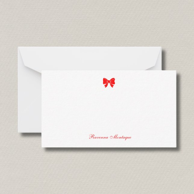 Simple Neon Red Chic Bow Handwritten Name  Note Card (Creator Uploaded)
