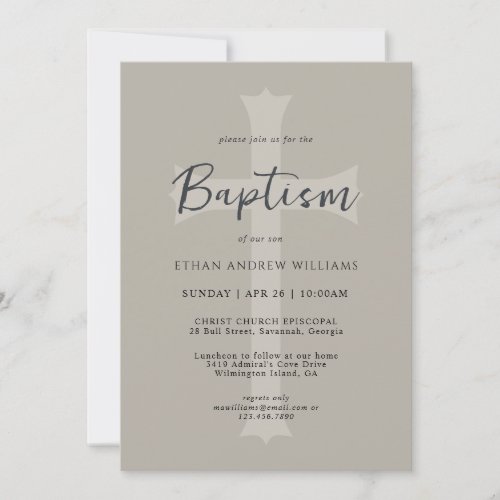 Simple Neutral Beige Cross Baby Baptism with Photo Invitation