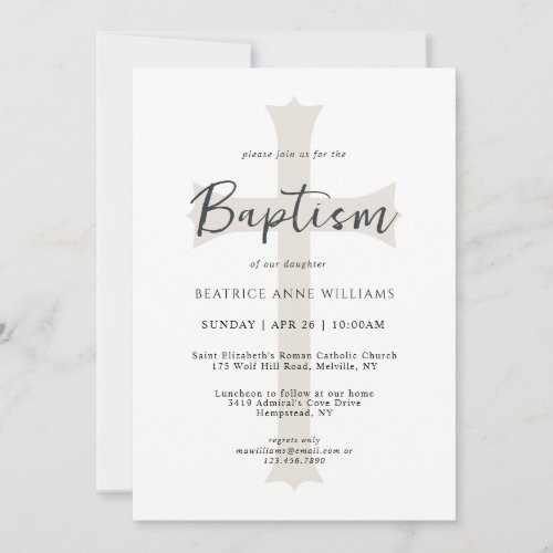 Simple Neutral Beige Cross Baby Baptism with Photo Invitation