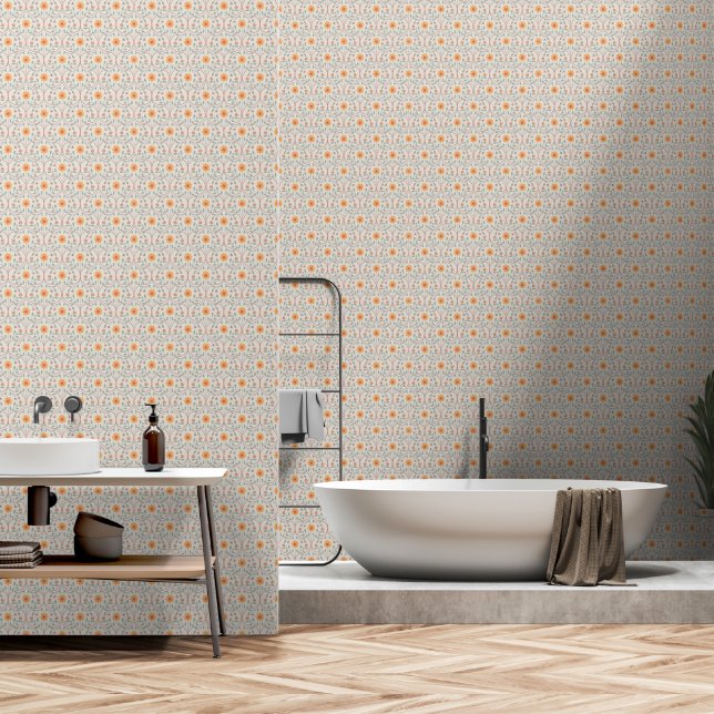 Simple Neutral Beige Spring Floral Pattern Wallpaper (Bathroom)