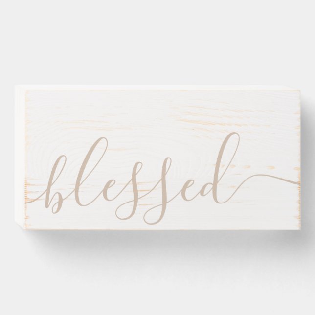 Simple Neutral Blessed Script Rustic Wall Art Wooden Box Sign (Front Horizontal)